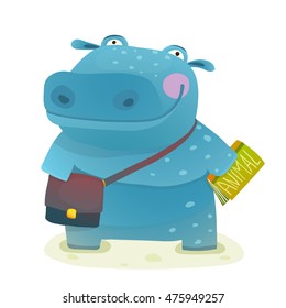 Hippopotamus Kid Student with Book and Bag Going to School. Happy fun watercolor style pupil animal reading and studying cartoon illustration. Vector drawing.