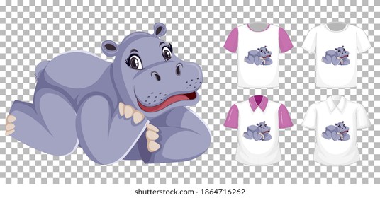 Hippopotamus in laying position cartoon character with many types of shirts on transparent background illustration