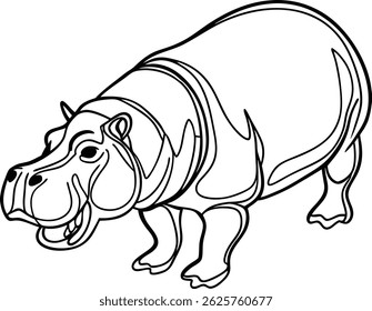 Hippopotamus Linha Arte Ilustração Vetor Desenho Mammal Contorno Silhueta Ícone Preto E Branco