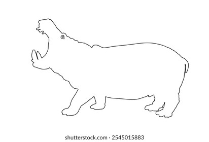 Hippopotamus line contour shape. Open jaws hippo vector silhouette illustration isolated on white background. Big scary animal from Africa. Wild animal symbol.