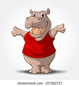Hippopotamus Mascot Cartoon Character. This is a Hippo Cartoon animal with red shirt, it's look like said "hi..."