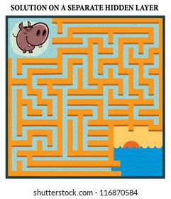 Hippopotamus' Maze Game - help hippo find his way to the river: Maze puzzle with solution