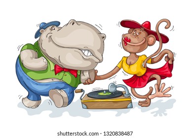 Hippopotamus and monkey dances swing by the gramophone music