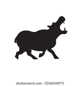 Hippopotamus in motion. Vector black isolated silhouette. 