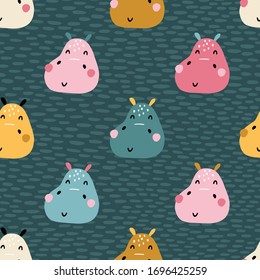 Hippopotamus on a dark background. Seamless pattern with cute animals faces. Childish print for nursery in a Scandinavian style. For baby clothes, packaging. Vector cartoon illustration pastel colors.