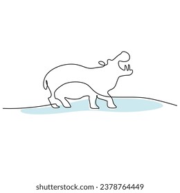 Hippopotamus one line drawing. Wild Animal creative . Vector illustration isolated on white background. Minimalist design handdrawn.
