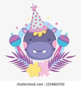 hippopotamus with party hat and rattles to baby shower