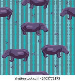 Hippopotamus pattern design with flamingos and crocodiles - funny hand drawn doodle, seamless pattern. Lettering poster or t-shirt textile graphic design. Wallpaper, wrapping paper, background.