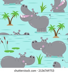 Hippopotamus pattern design with several hippos - funny hand drawn doodle, seamless pattern. Lettering poster or t-shirt textile graphic design. Wallpaper, wrapping paper, background.