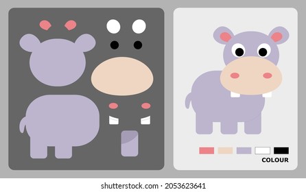 Hippopotamus pattern for kids crafts or paper crafts. Vector illustration of a hippopotamus puzzle. cut and paste patterns for kids crafts.