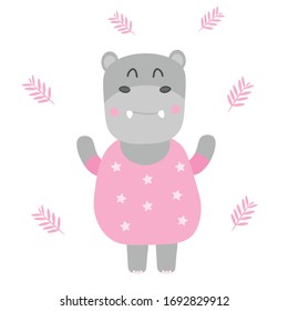 hippopotamus with pink clothes illustration vector design for card and poster