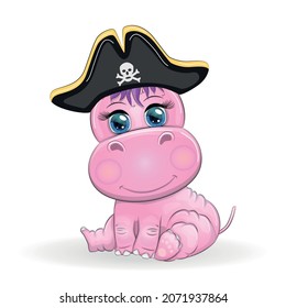 Hippopotamus pirate, cartoon character of the game, wild animal in a bandana and a cocked hat with a skull, with an eye patch. Character with bright eyes Isolated on white