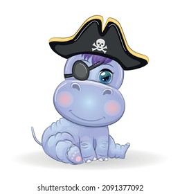 Hippopotamus pirate, cartoon character of the game, wild animal in a bandana and a cocked hat with a skull, with an eye patch. Character with bright eyes Isolated on white