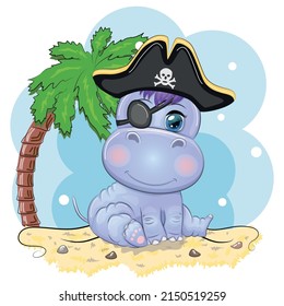 Hippopotamus pirate, cartoon character of the game, wild animal in a bandana and a cocked hat with a skull, with an eye patch.Character with bright eyes on the beach with palm trees