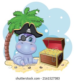 Hippopotamus pirate, cartoon character of the game, wild animal in a bandana and a cocked hat with a skull, with an eye patch.Character with bright eyes and treasure chest