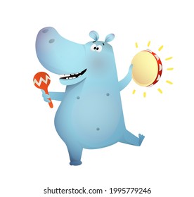 Hippopotamus playing tambourine and maracas and dancing, funny smiling hippo playing music having fun. Kids music and dance festival cartoon. Vector illustration for children in watercolor style.