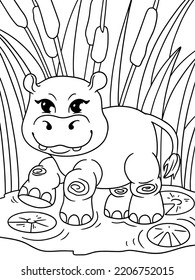 Hippopotamus plays in puddle against the background of reeds and water lily. Children coloring book.