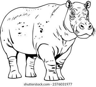Hippopotamus Realistic Animal Hand Drawn Illustration Vector For Coloring Book