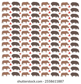 hippopotamus, rhinoceros with fruit as a pattern background