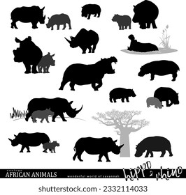 Hippopotamus and rhinoceros silhouettes set with wildlife scenes. African savannah animals. Vector illustration.