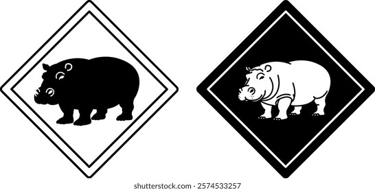 Hippopotamus Road Signs. Black and White Vector Icons. Hippopotamus. Road Sign Warning about Crossing the Road by Animals. Sticker for Zoo