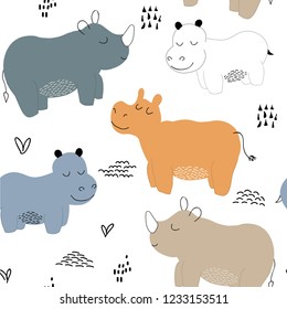 Hippopotamus seamless pattern. childish Vector illustration for fabric, textile, clothes, wallpaper,