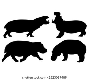 Hippopotamus set silhouette black color