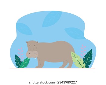 Hippopotamus short stature with dark gray skin, two protruding teeth, small eyes and ears, jungle vector illustration.