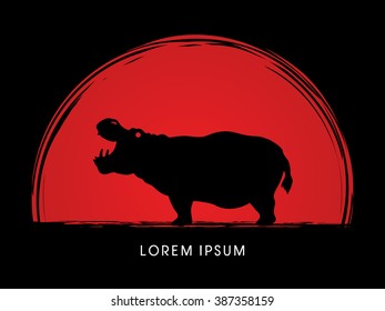 Hippopotamus silhouette, designed on grunge sunset background graphic vector.