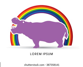 Hippopotamus silhouette, designed on line rainbows background graphic vector.