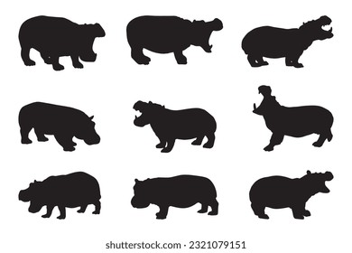 hippopotamus silhouette set collection isolated black on white background vector illustration