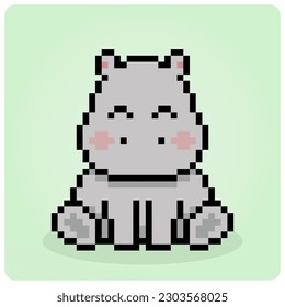 hippopotamus sits in 8 bit pixels. Animal for game asset and cross stitch pattern in vector illustration.