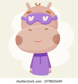 Hippopotamus in a sleep mask. Portrait of a cute animal. Vector cartoon character in simple hand drawn Scandinavian style. Ideal for decorating baby clothes and printing on baby clothes.