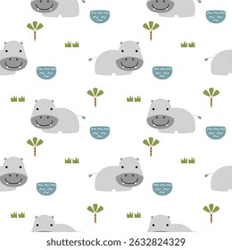 Hippopotamus sorri cartoon tão fofo. Na árvore grama pântano fundo branco. Ilustração de vetor uniforme de padrão. 