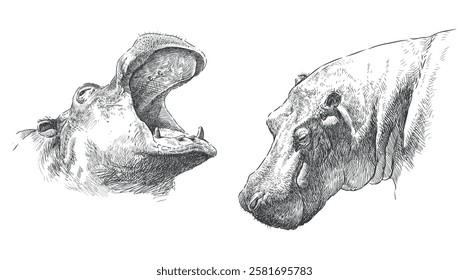 Hippopotamus snouts sketch, behemoth heads, realistic hand drawn vector illustration isolated on white