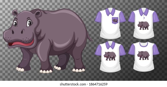 Hippopotamus in stand position cartoon character with many types of shirts on transparent background illustration