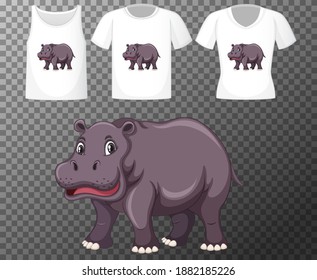 Hippopotamus in stand position cartoon character with many types of shirts on transparent background illustration