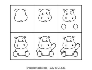 Hippopotamus. Step by step drawing. Coloring page, coloring book page. Black and white vector illustration.