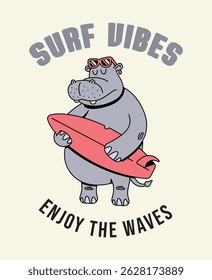 hipopótamo surf retro bonito ilustração