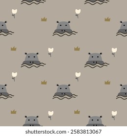 Hippopotamus in swamp cartoon so cute. On flower grass background. Pattern seamless vector illustration. 