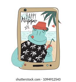 Hippopotamus in trendy palm T-shirt holding a cocktail and making a selfie. Sea and palms on the background. Inscription: Enjoy your summer. Funny doodle vector illustration for postcard.