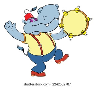 A hippopotamus in a Turkish fez dances with a tambourine. Funny cartoon hippo. Color vector image of a funny hippopotamus, isolated on white.