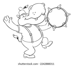 A hippopotamus in a Turkish fez dances with a tambourine. Funny cartoon hippo. Contour vector image of a funny hippopotamus.