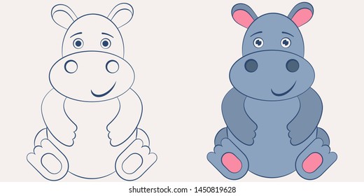 Hippopotamus vector cartoon illustration color and coloring on a colored background for children