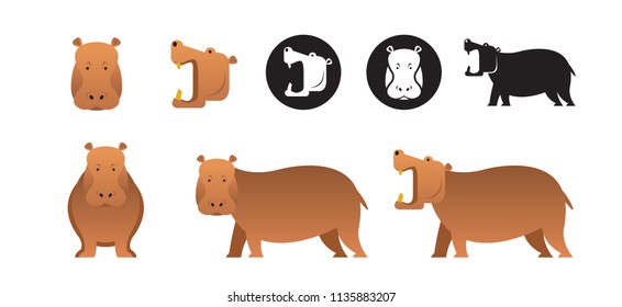 Hippopotamus Vector Set, Front View, Side View, Silhouette