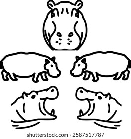 Hippopotamus Vector Set | Wild Animal Illustrations from Different Angles | Safari Wildlife Line Art | Black and White Outline Icons for Prints, Stickers, Logos, and Coloring Pages