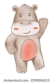 Hippopotamus . Watercolor paint design . Cute animal cartoon character . Raise hand position . Vector .