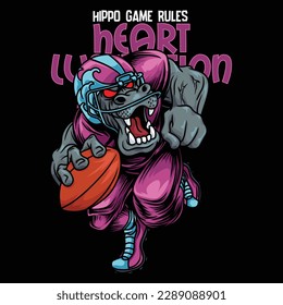  a hippopotamus which is the mascot of American football complete with the clothes of the players, and the position of the body running while holding the ball.