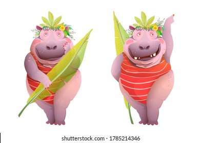 Hippopotamus woman posing in jungle leaves costume, funny and hilarious caricature character cartoon. Watercolor styled vector design, animal funky hippo body positive queen.