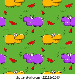 Hippopotamus yellow purple cartoon so cute eat watermelon.on green background.pattern seamless vector and illustration.